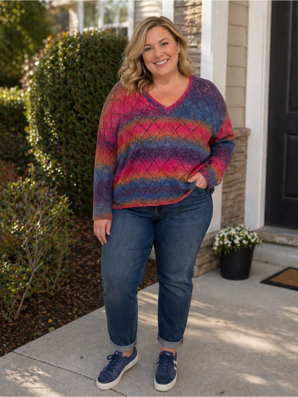 SHEIN Colorful Knit V-Neck Sweater